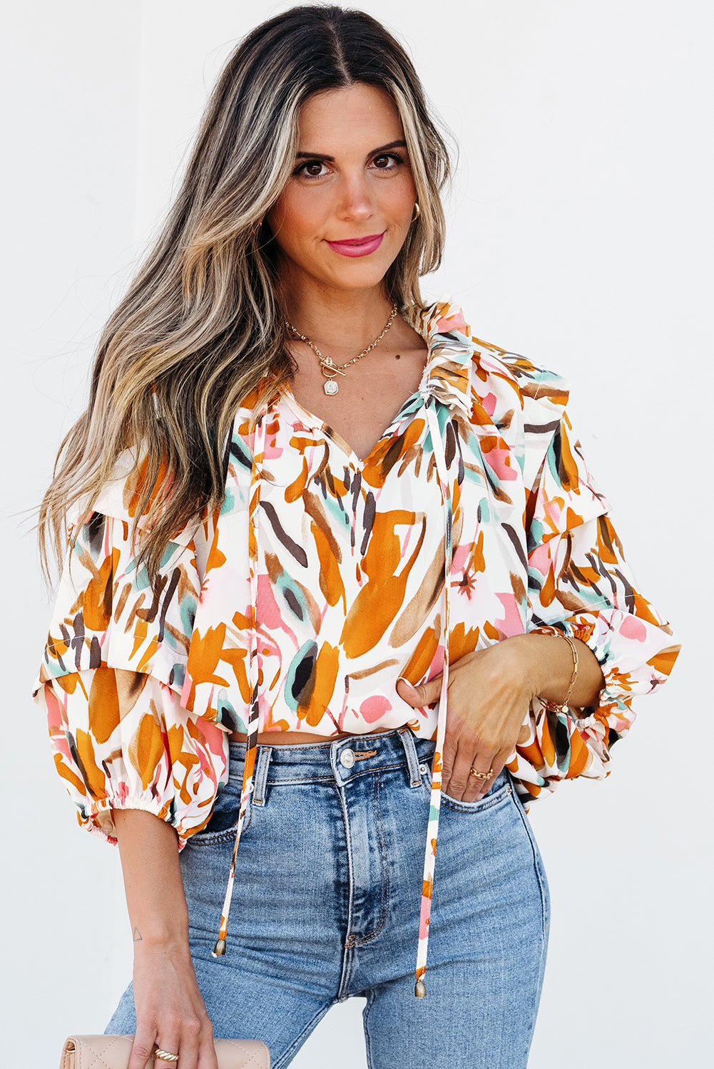 Aurelia Drawstring Frilled V Neck 3/4 Sleeve Blouse - Image #0