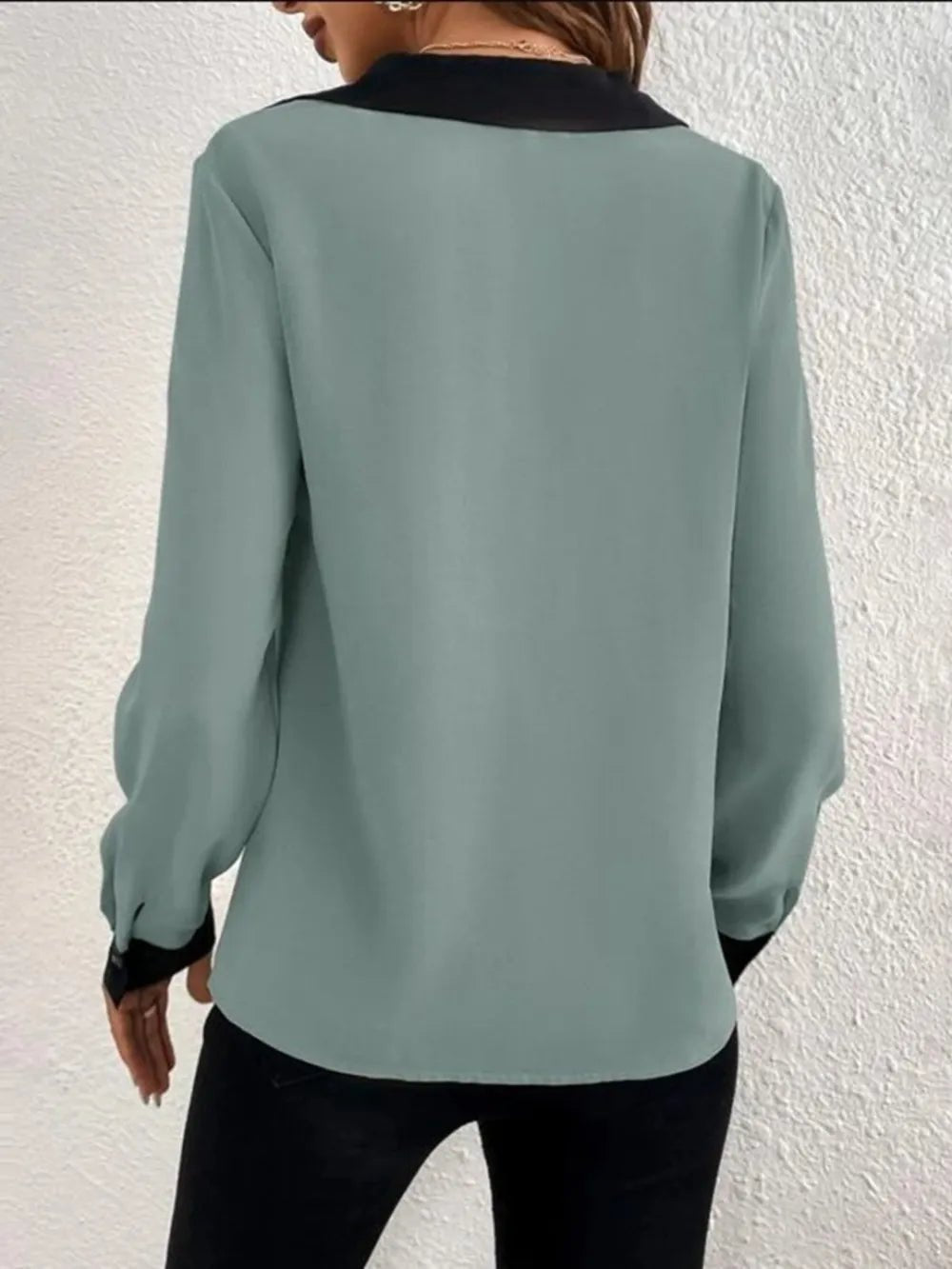 Contrast Trim V - Neck Long Sleeve Blouse - Chic Elegance