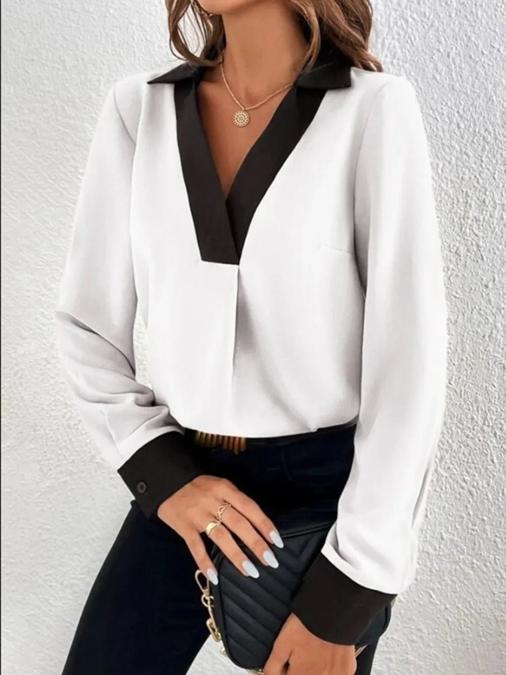 Contrast Trim V - Neck Long Sleeve Blouse - Chic Elegance