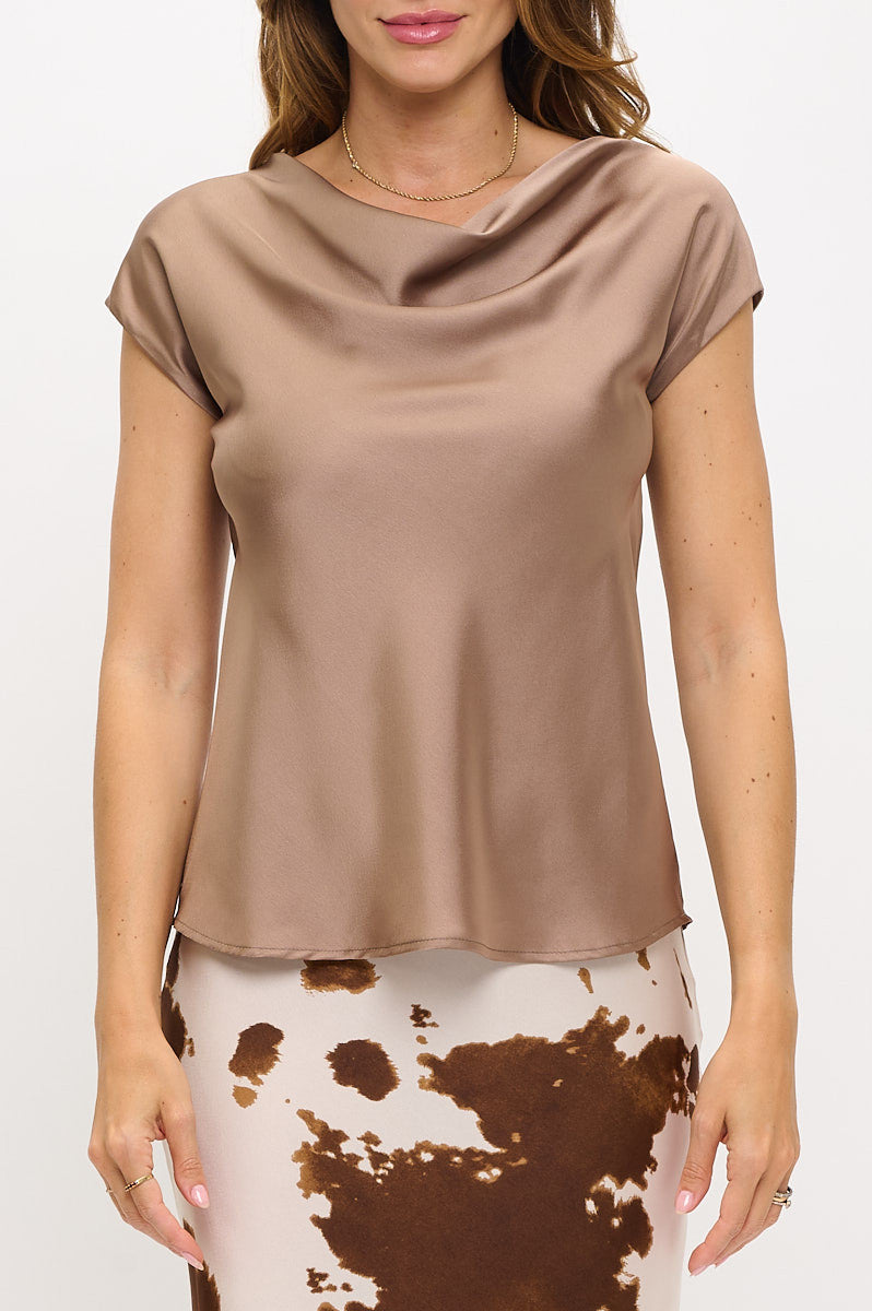 Solid Satin Top with Cowl Neck