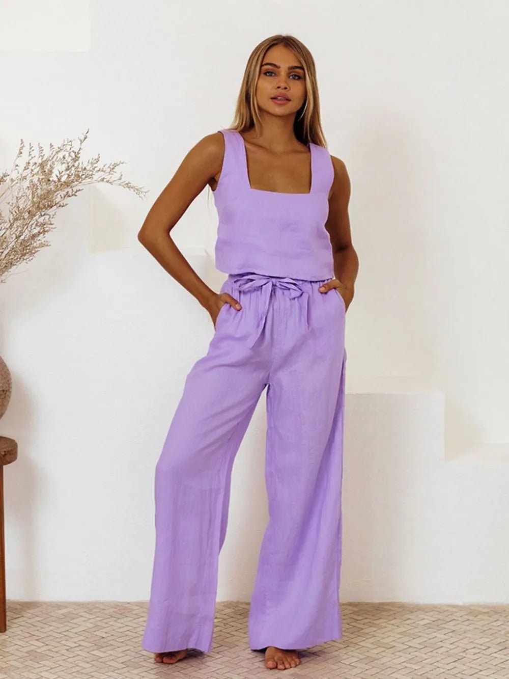 Square Neck Sleeveless Top and Pants Set - Chic Elegance