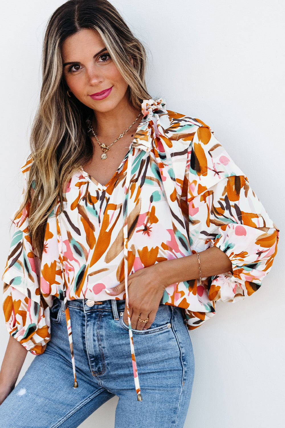 Aurelia Drawstring Frilled V Neck 3/4 Sleeve Blouse - Image #0