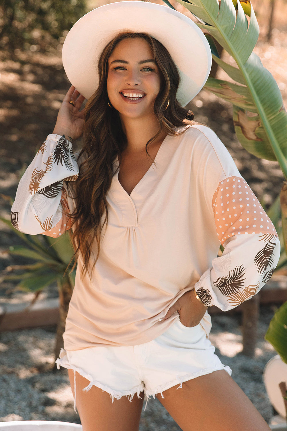 Alora Palm Leaves Polka Dot Loose Blouse - Image #0