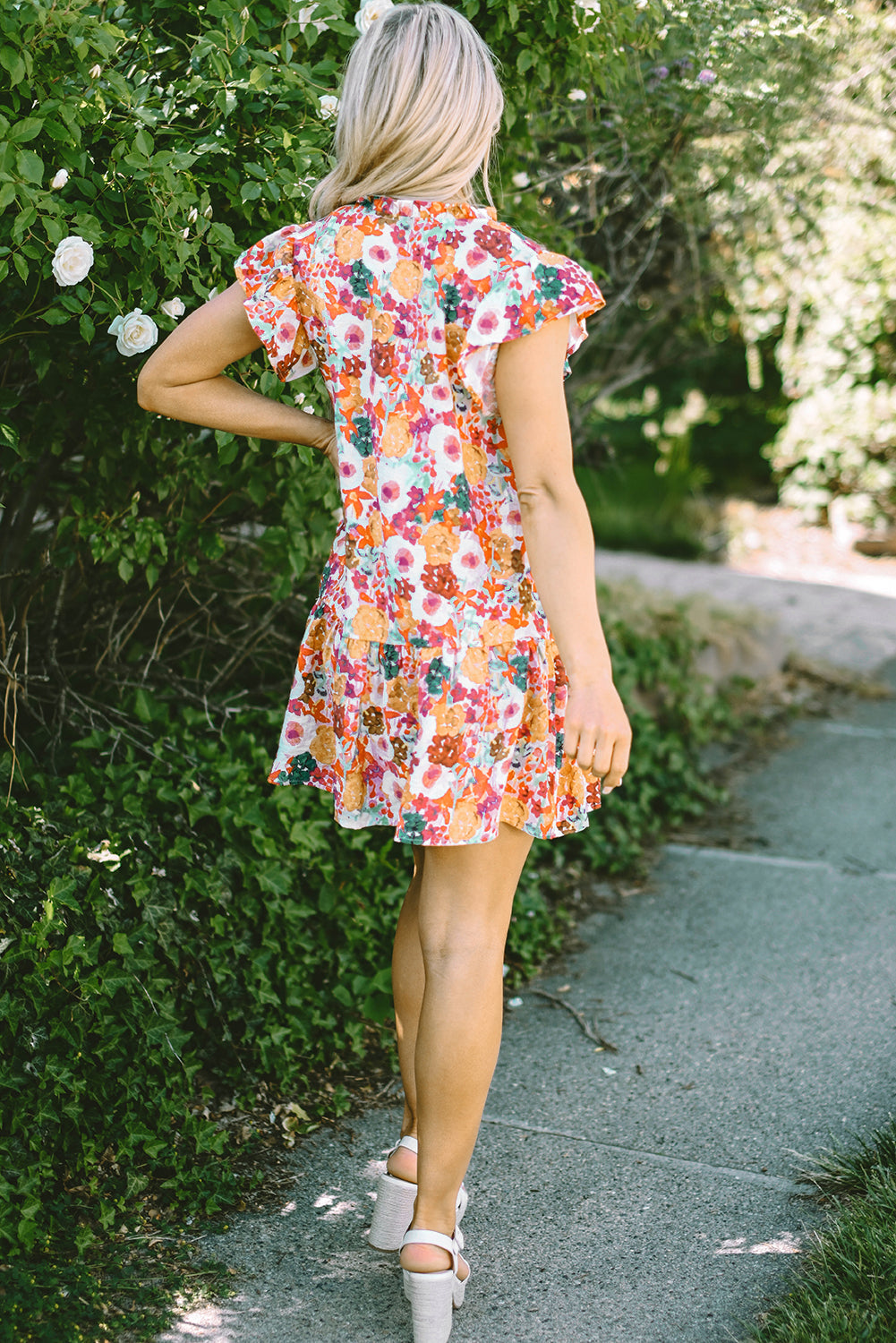August Floral Print Split Neck Flutter Sleeve Dress-2