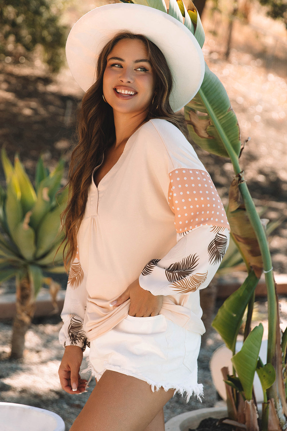 Alora Palm Leaves Polka Dot Loose Blouse - Image #0