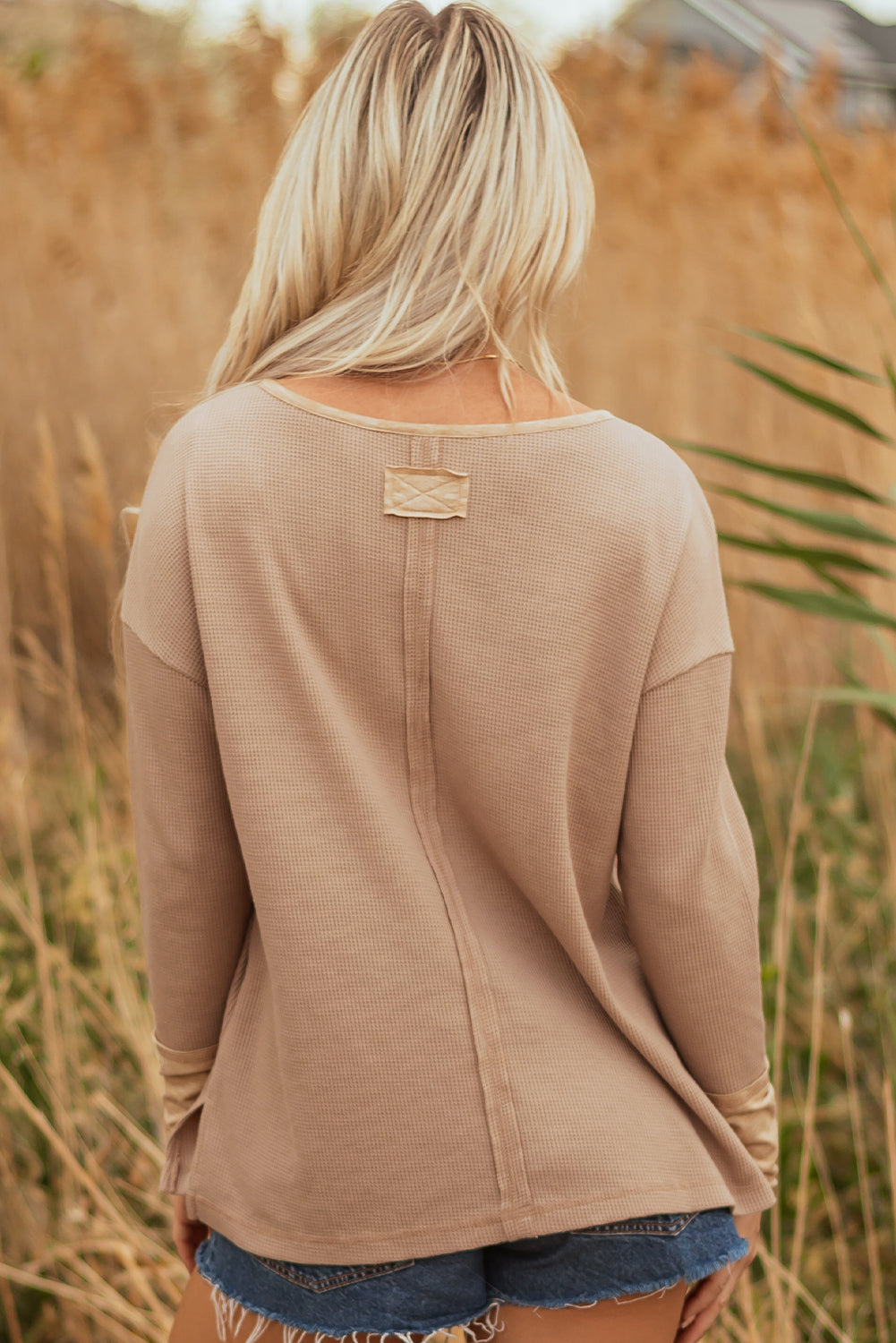 Blake Waffle Textured Tunic Henley Top with Slits-1