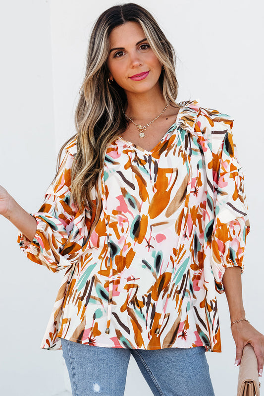 Aurelia Drawstring Frilled V Neck 3/4 Sleeve Blouse - Image #0