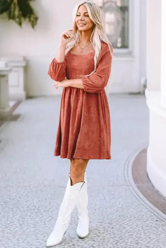 Brown Suede Square Neck Puff Sleeve Dress-4