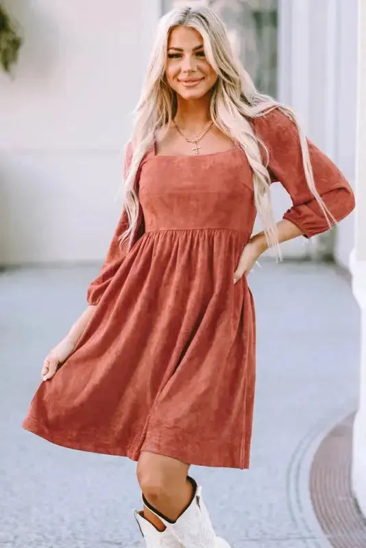 Brown Suede Square Neck Puff Sleeve Dress-0