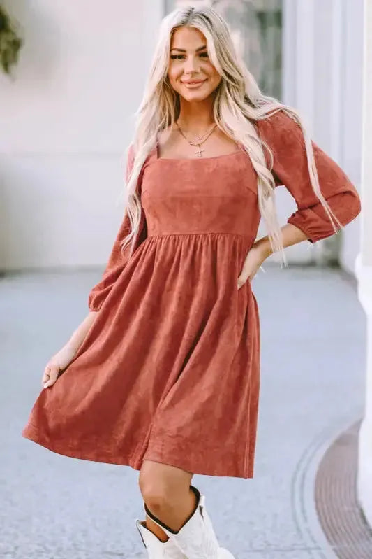 Brown Suede Square Neck Puff Sleeve Dress-0