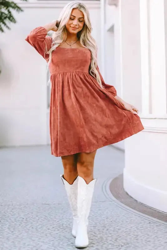 Brown Suede Square Neck Puff Sleeve Dress-3