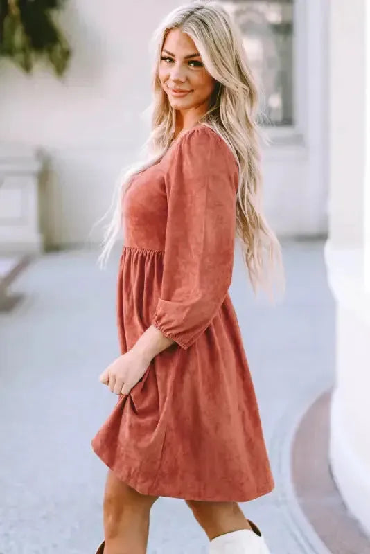 Brown Suede Square Neck Puff Sleeve Dress-2