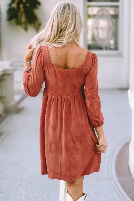 Brown Suede Square Neck Puff Sleeve Dress-1