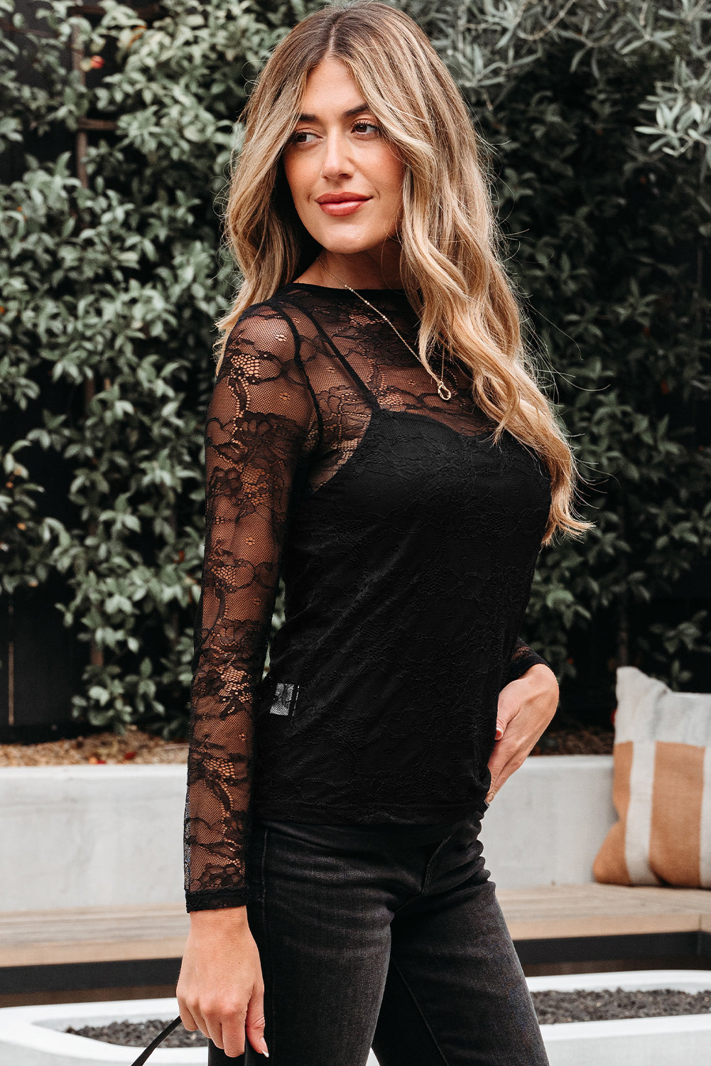 Amira Lace Crochet Mesh Slim Fit Long Sleeve Top