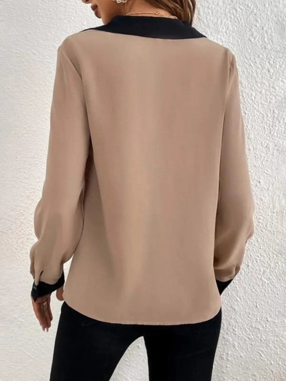 Contrast Trim V - Neck Long Sleeve Blouse - Chic Elegance
