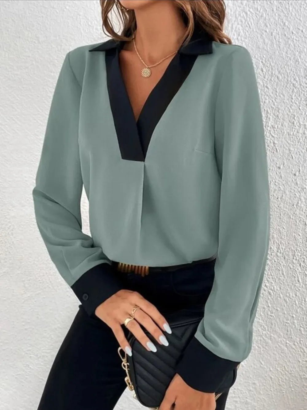 Contrast Trim V - Neck Long Sleeve Blouse - Chic Elegance