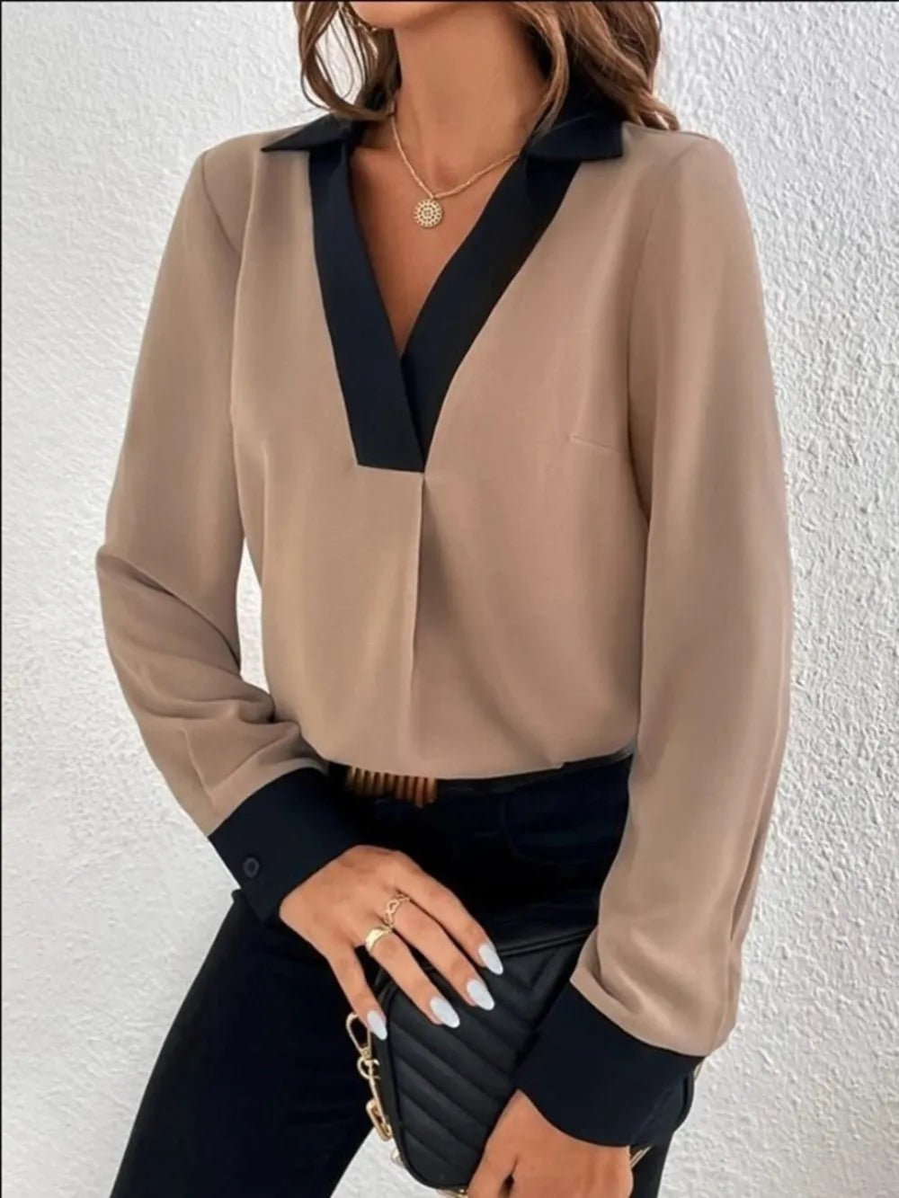 Contrast Trim V - Neck Long Sleeve Blouse - Chic Elegance
