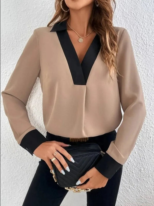 Contrast Trim V - Neck Long Sleeve Blouse - Chic Elegance