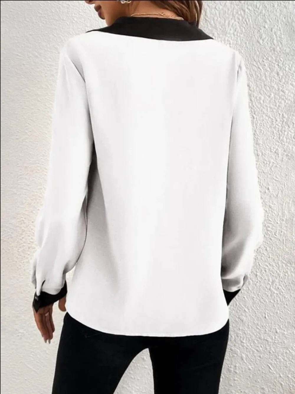 Contrast Trim V - Neck Long Sleeve Blouse - Chic Elegance