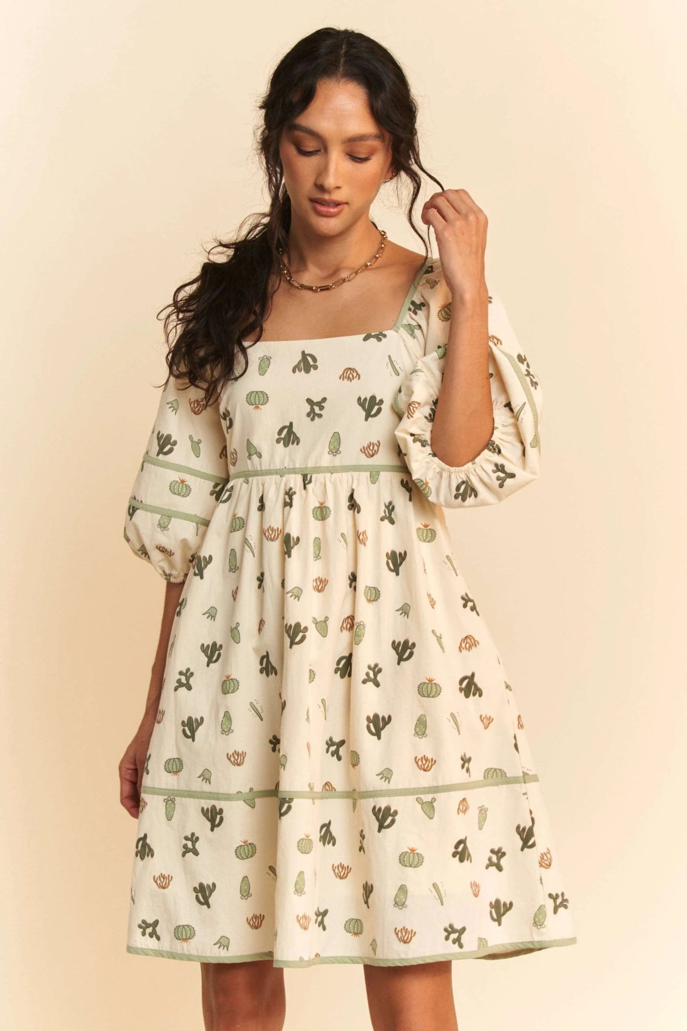 Davi & Dani Cactus Printed Poplin Contrast Piping Mini Dress - Chic Elegance