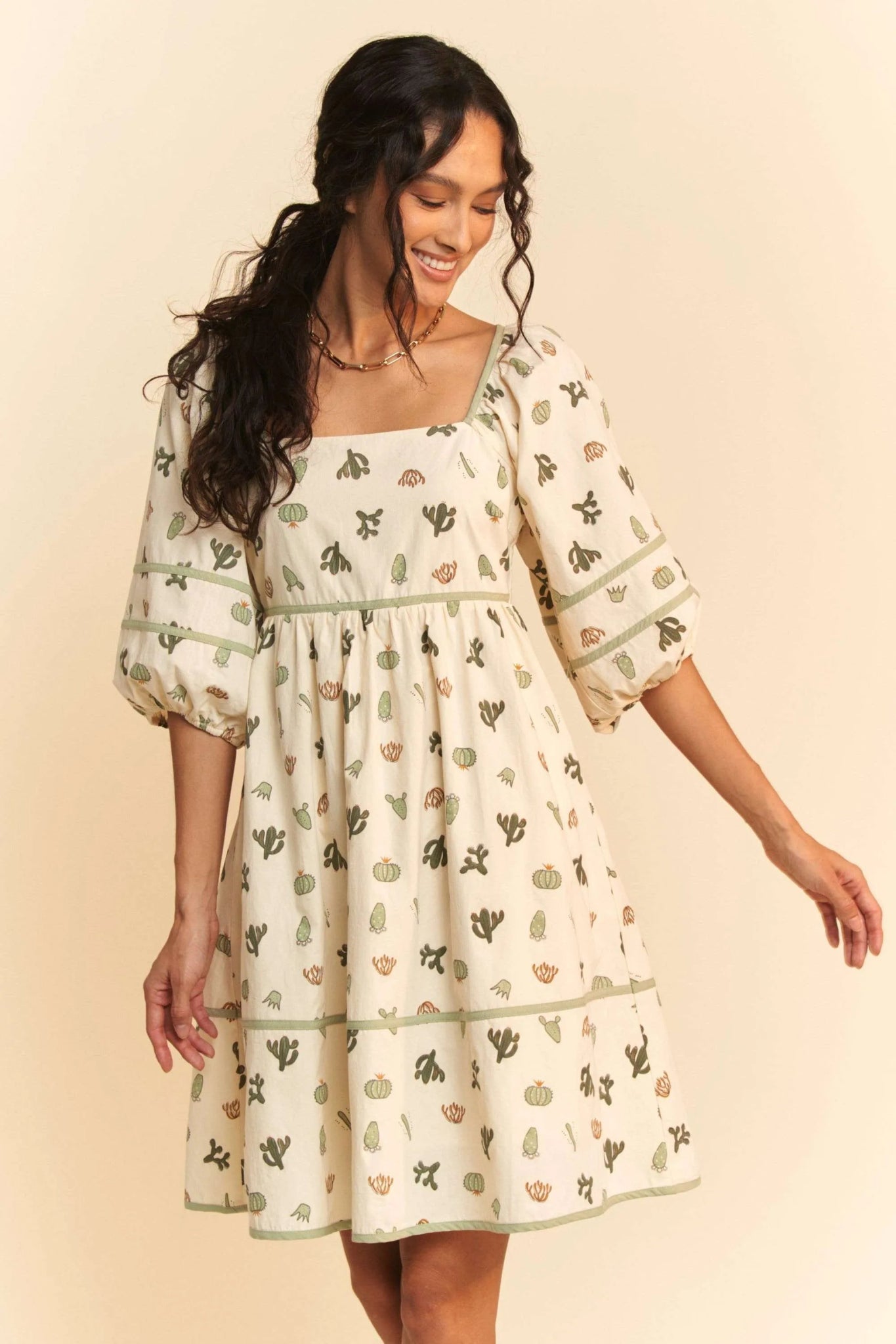 Davi & Dani Cactus Printed Poplin Contrast Piping Mini Dress - Chic Elegance