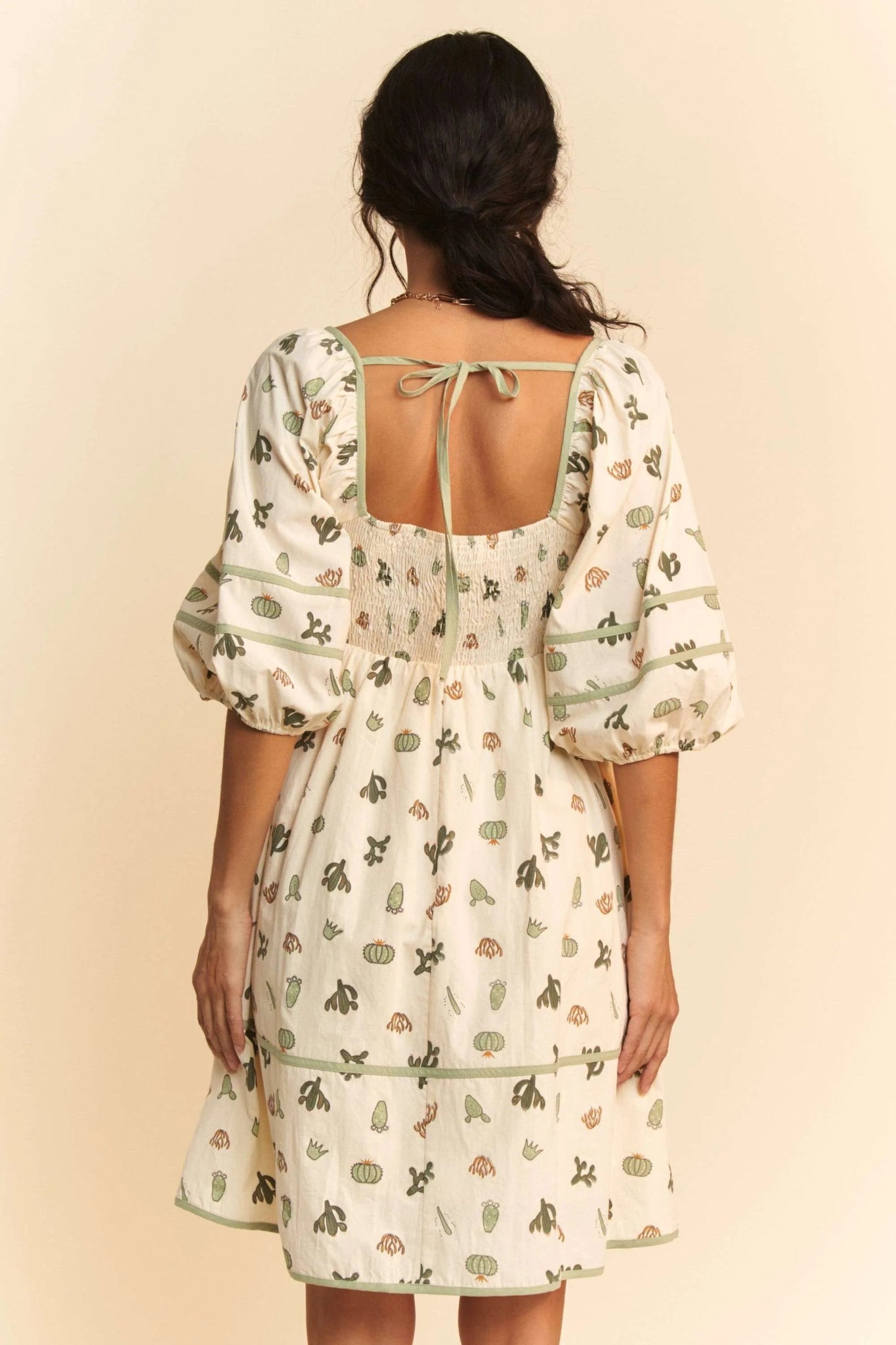 Davi & Dani Cactus Printed Poplin Contrast Piping Mini Dress - Chic Elegance