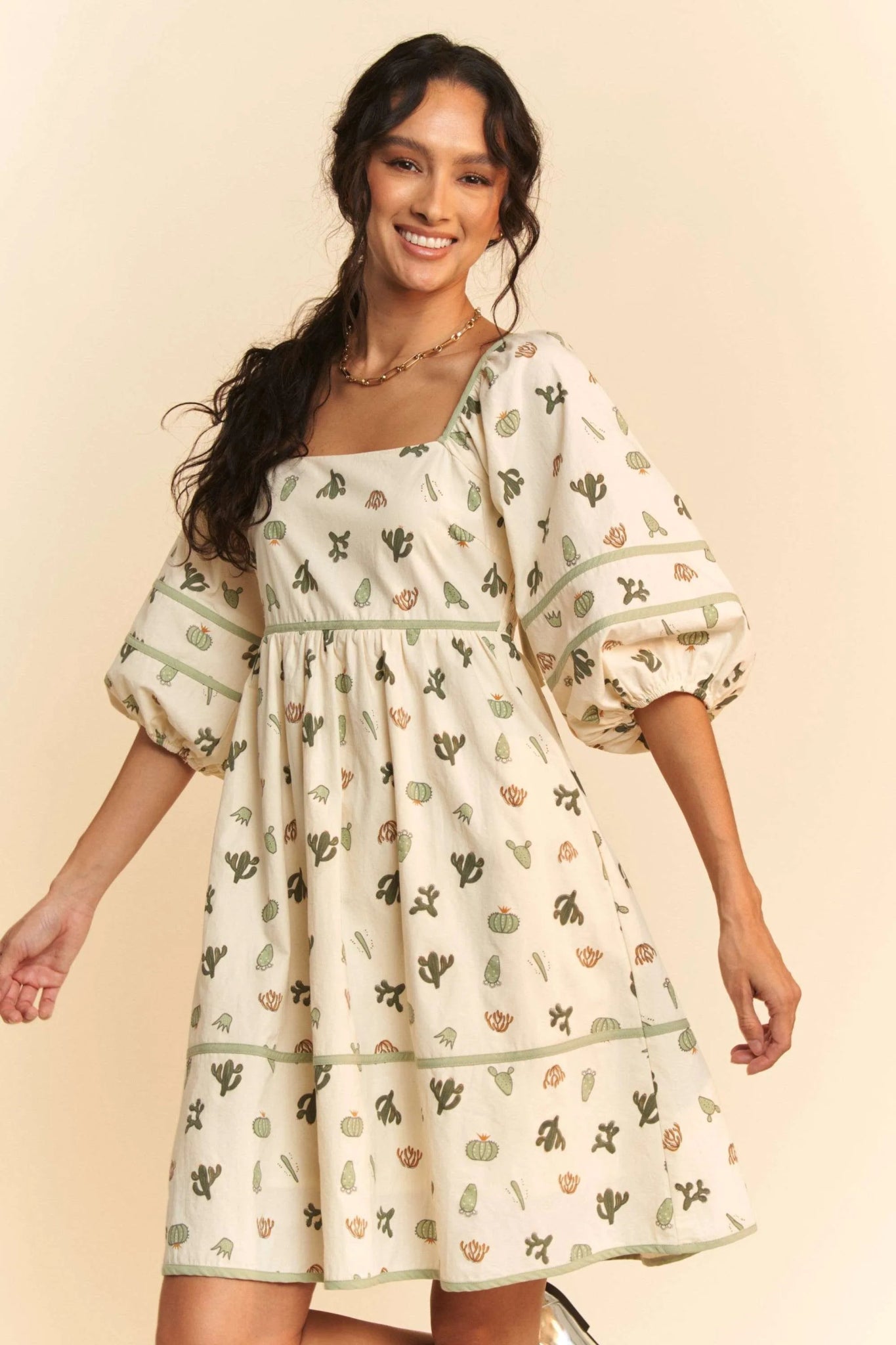 Davi & Dani Cactus Printed Poplin Contrast Piping Mini Dress - Chic Elegance
