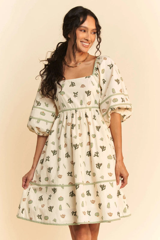 Davi & Dani Cactus Printed Poplin Contrast Piping Mini Dress - Chic Elegance