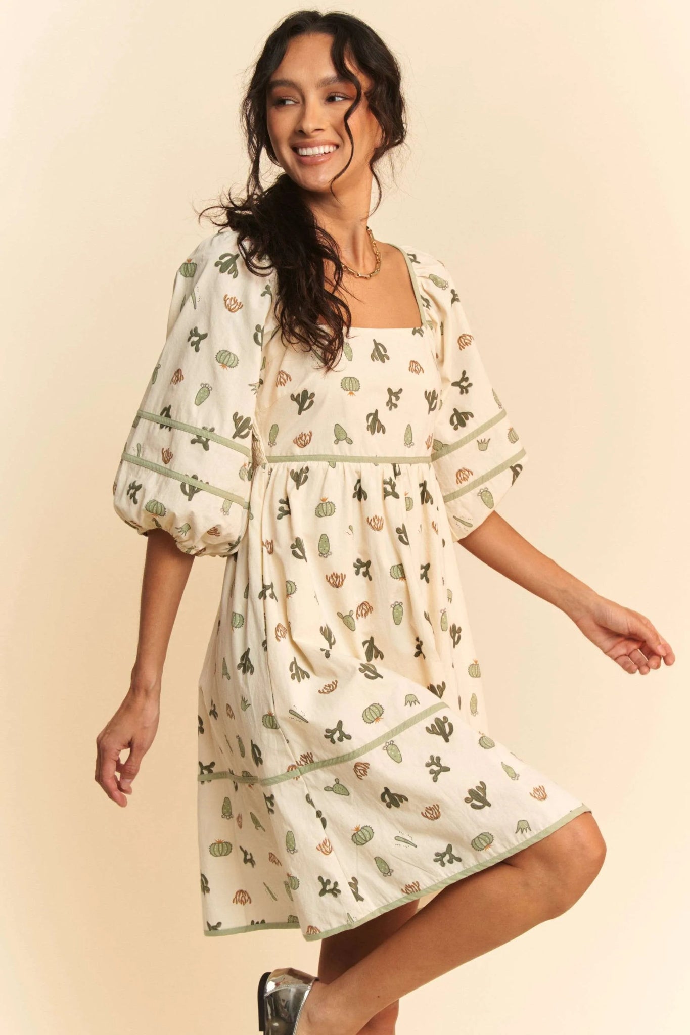 Davi & Dani Cactus Printed Poplin Contrast Piping Mini Dress - Chic Elegance