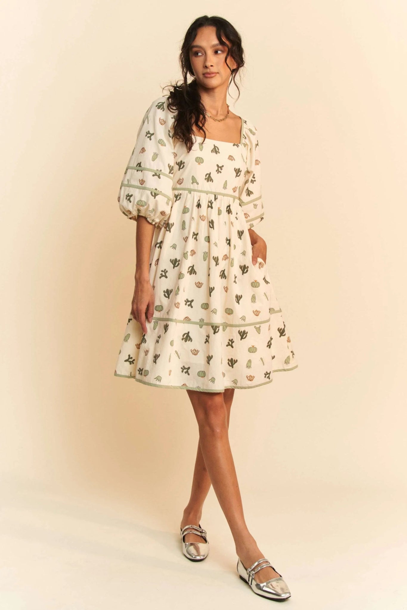 Davi & Dani Cactus Printed Poplin Contrast Piping Mini Dress - Chic Elegance