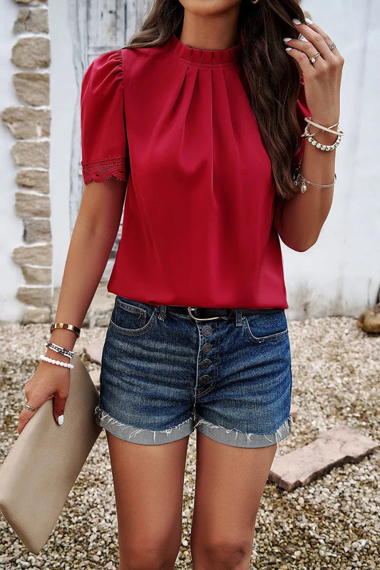 Devine Ruched Mock Neck Short Sleeve Blouse - Chic Elegance