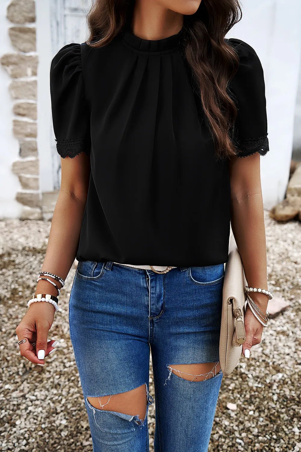 Devine Ruched Mock Neck Short Sleeve Blouse - Chic Elegance