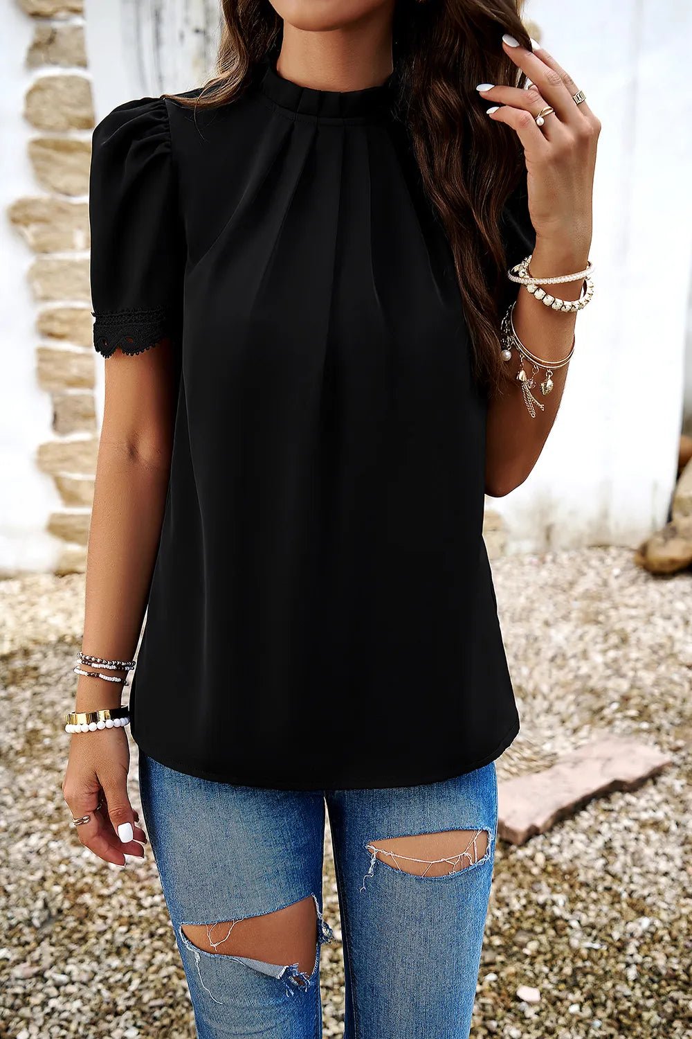 Devine Ruched Mock Neck Short Sleeve Blouse - Chic Elegance