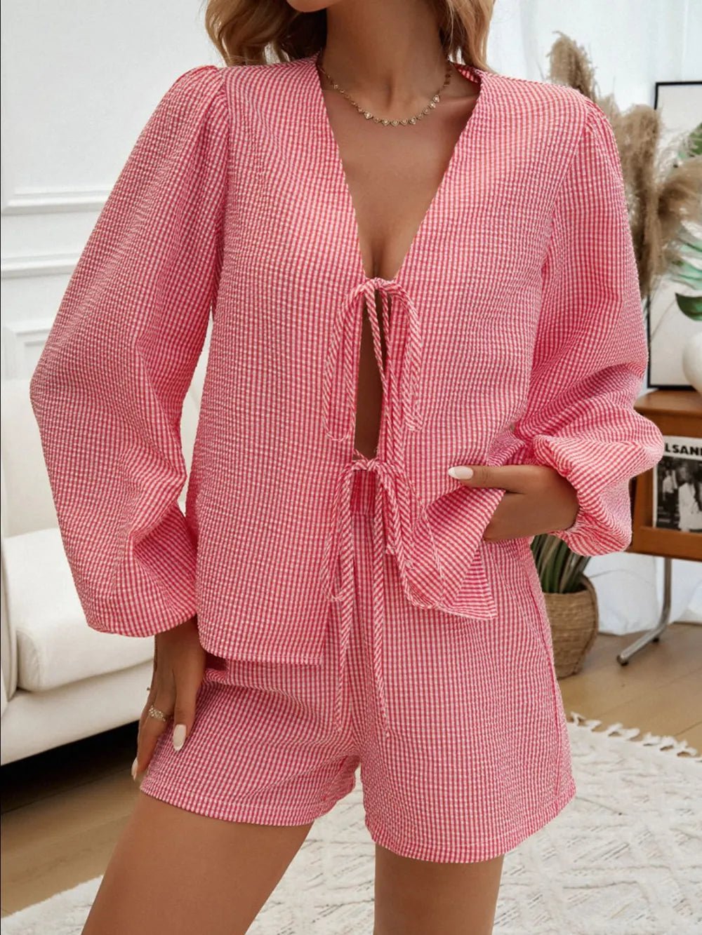 Devine Tied Long Sleeve Top and Shorts Set - Chic Elegance