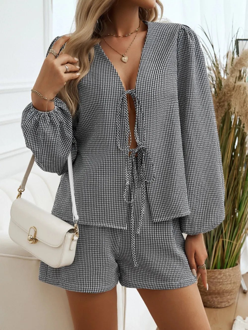 Devine Tied Long Sleeve Top and Shorts Set - Chic Elegance