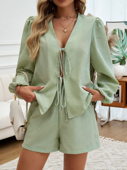 Devine Tied Long Sleeve Top and Shorts Set - Chic Elegance