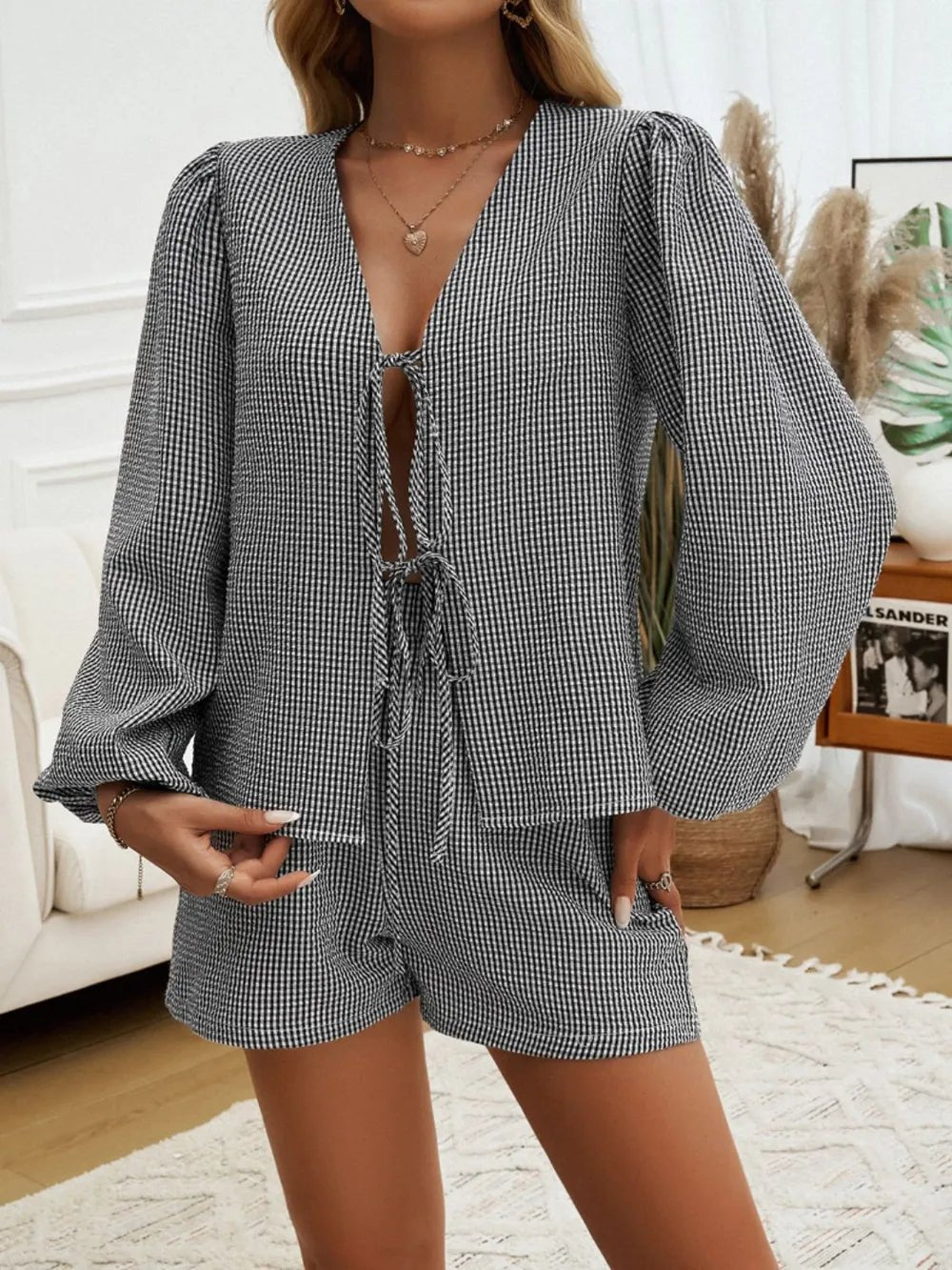 Devine Tied Long Sleeve Top and Shorts Set - Chic Elegance