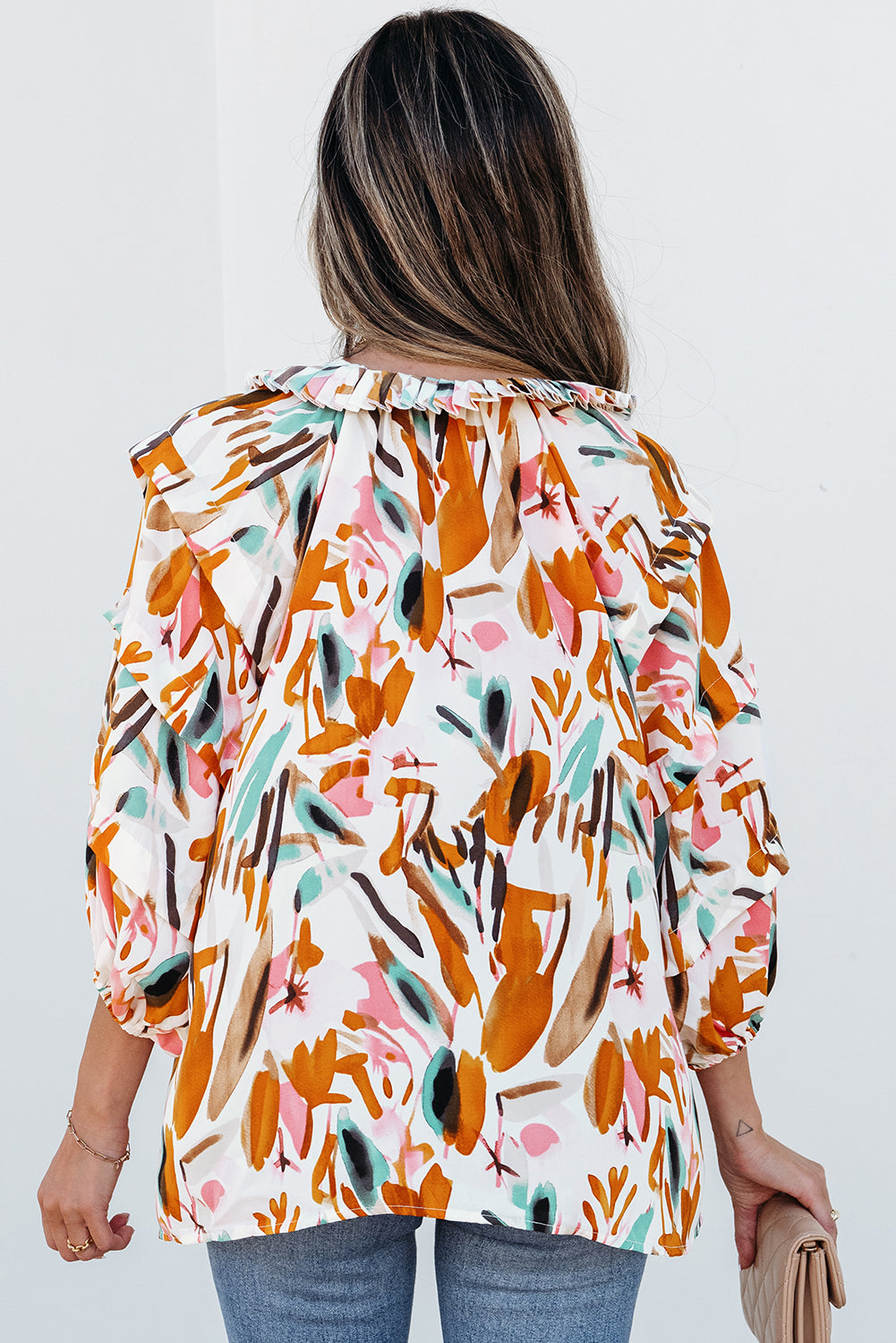 Aurelia Drawstring Frilled V Neck 3/4 Sleeve Blouse - Image #0