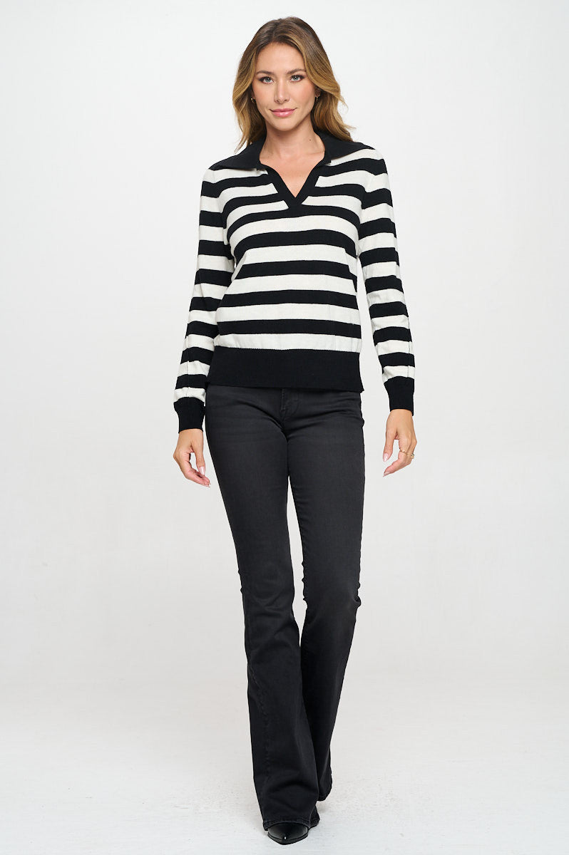 Striped Knit Polo Collar neck Long Sleeve Top-4