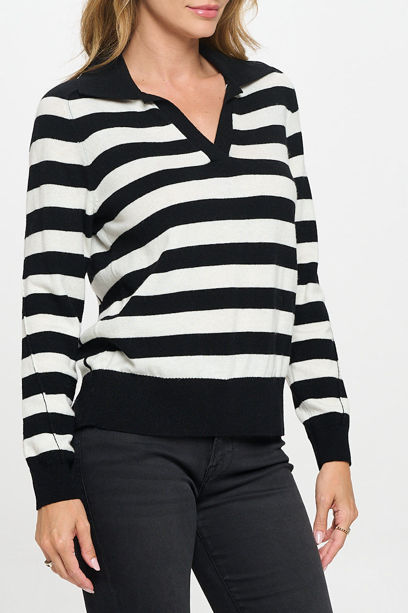 Striped Knit Polo Collar neck Long Sleeve Top-2