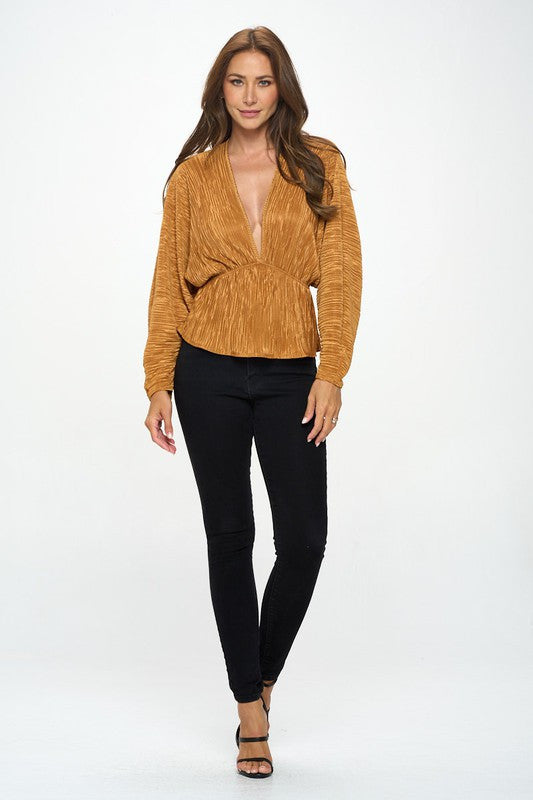 Plisse V neck Top with Balloon Dolman Sleeve
