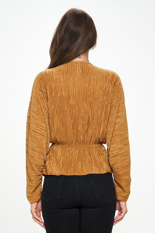Plisse V neck Top with Balloon Dolman Sleeve
