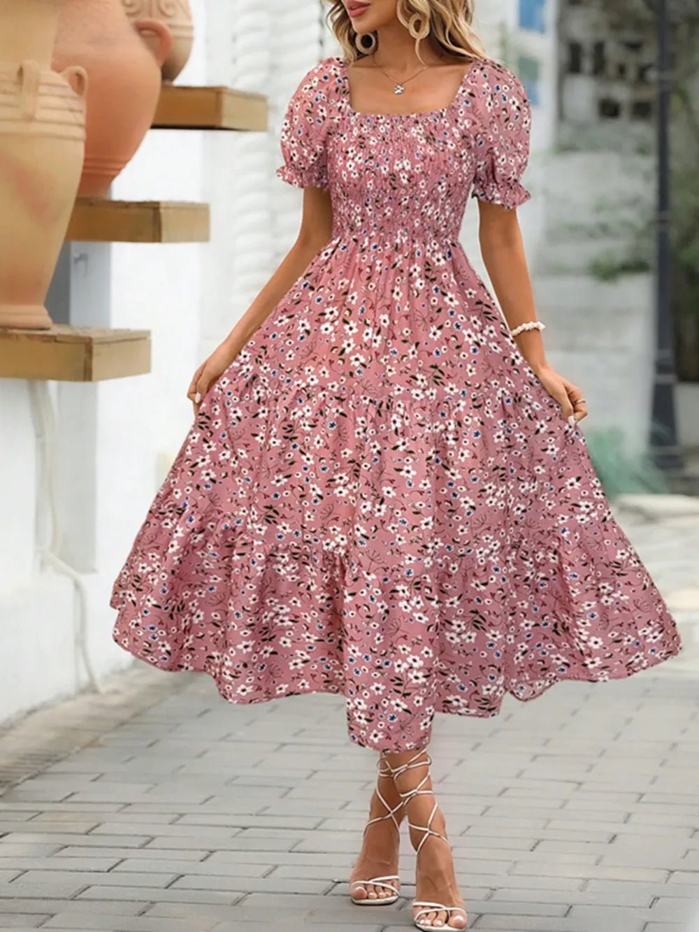 Floral Square Neck Short Sleeve Tiered Dress - Chic Elegance