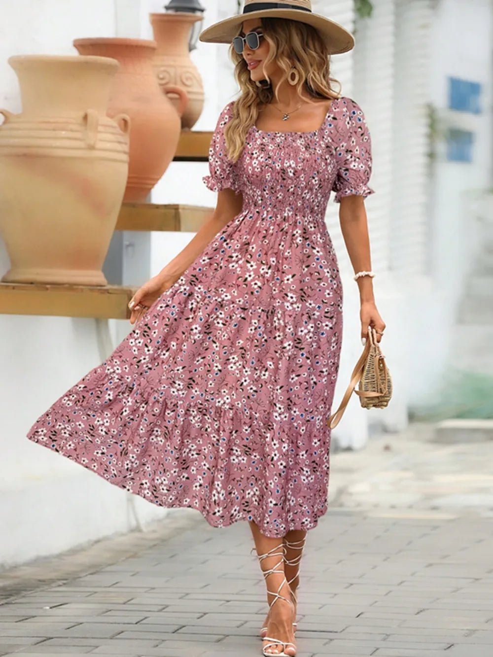 Floral Square Neck Short Sleeve Tiered Dress - Chic Elegance