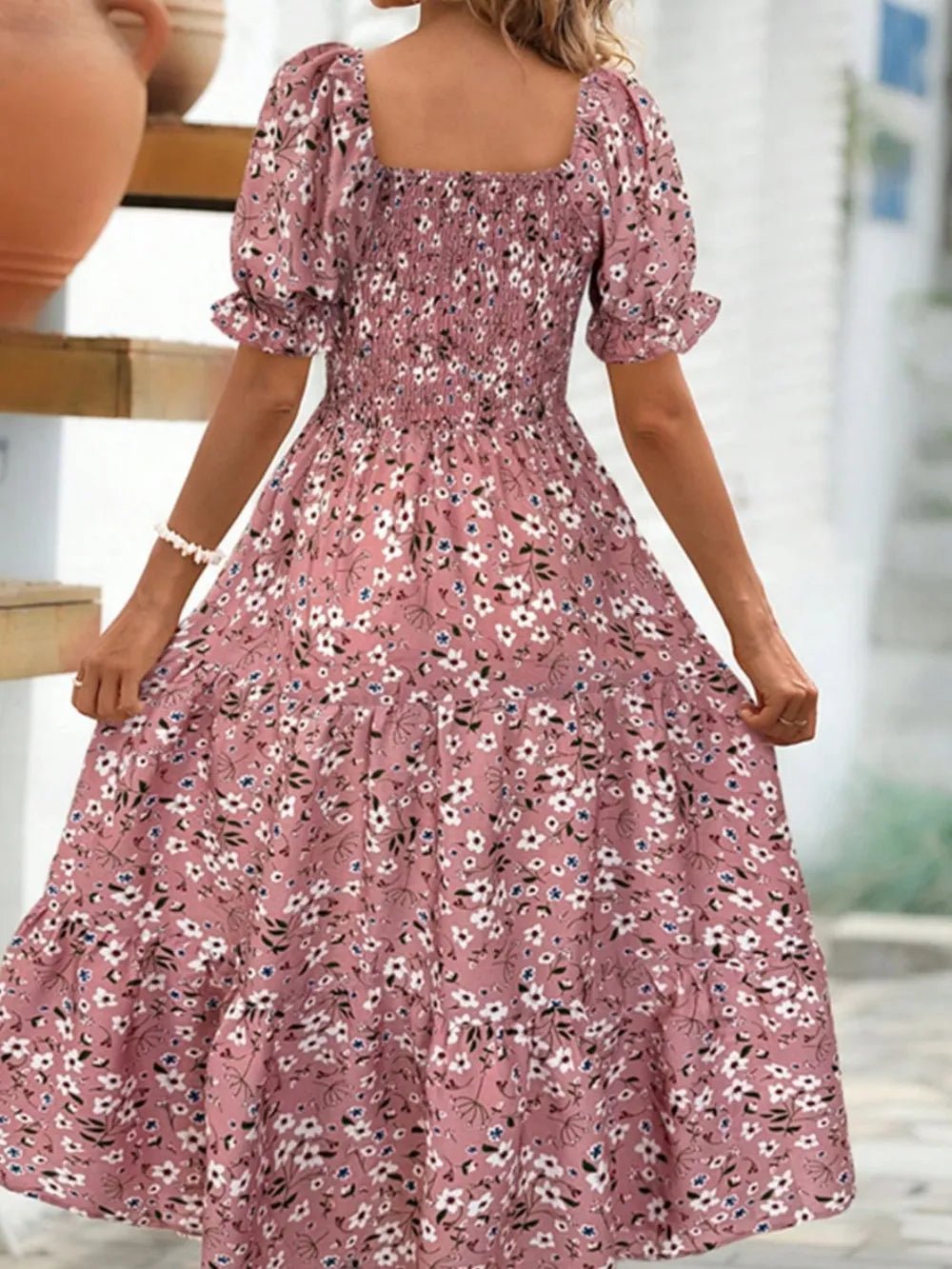 Floral Square Neck Short Sleeve Tiered Dress - Chic Elegance