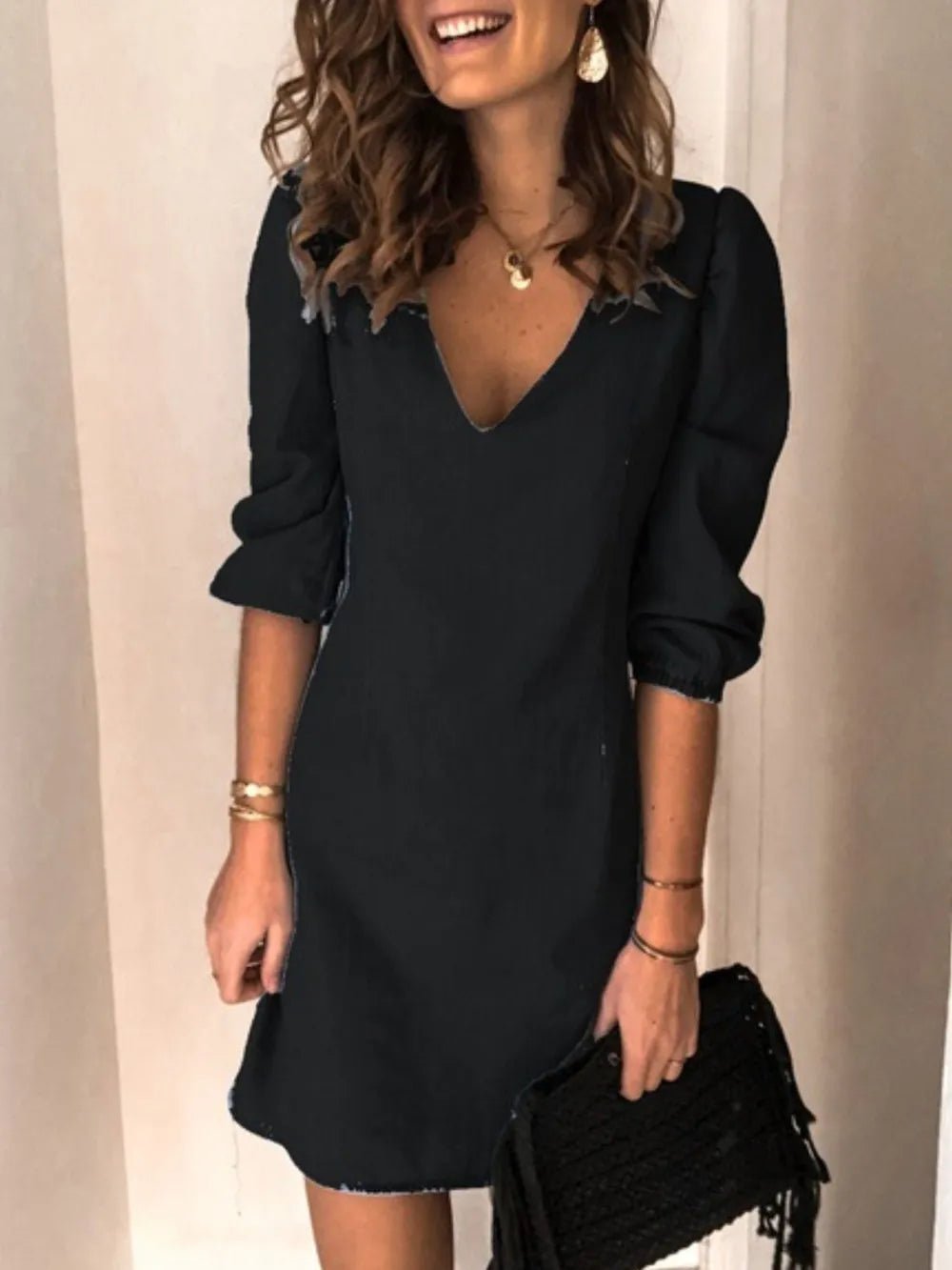 Full Size V - Neck Half Sleeve Dress - Chic Elegance