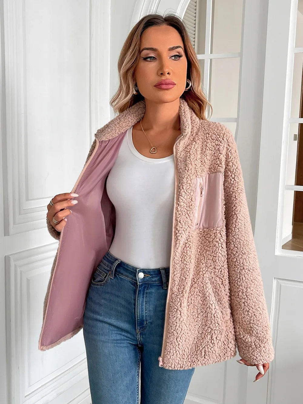 Ivy Lane Zip Up Long Sleeve Fuzzy Jacket - Chic Elegance