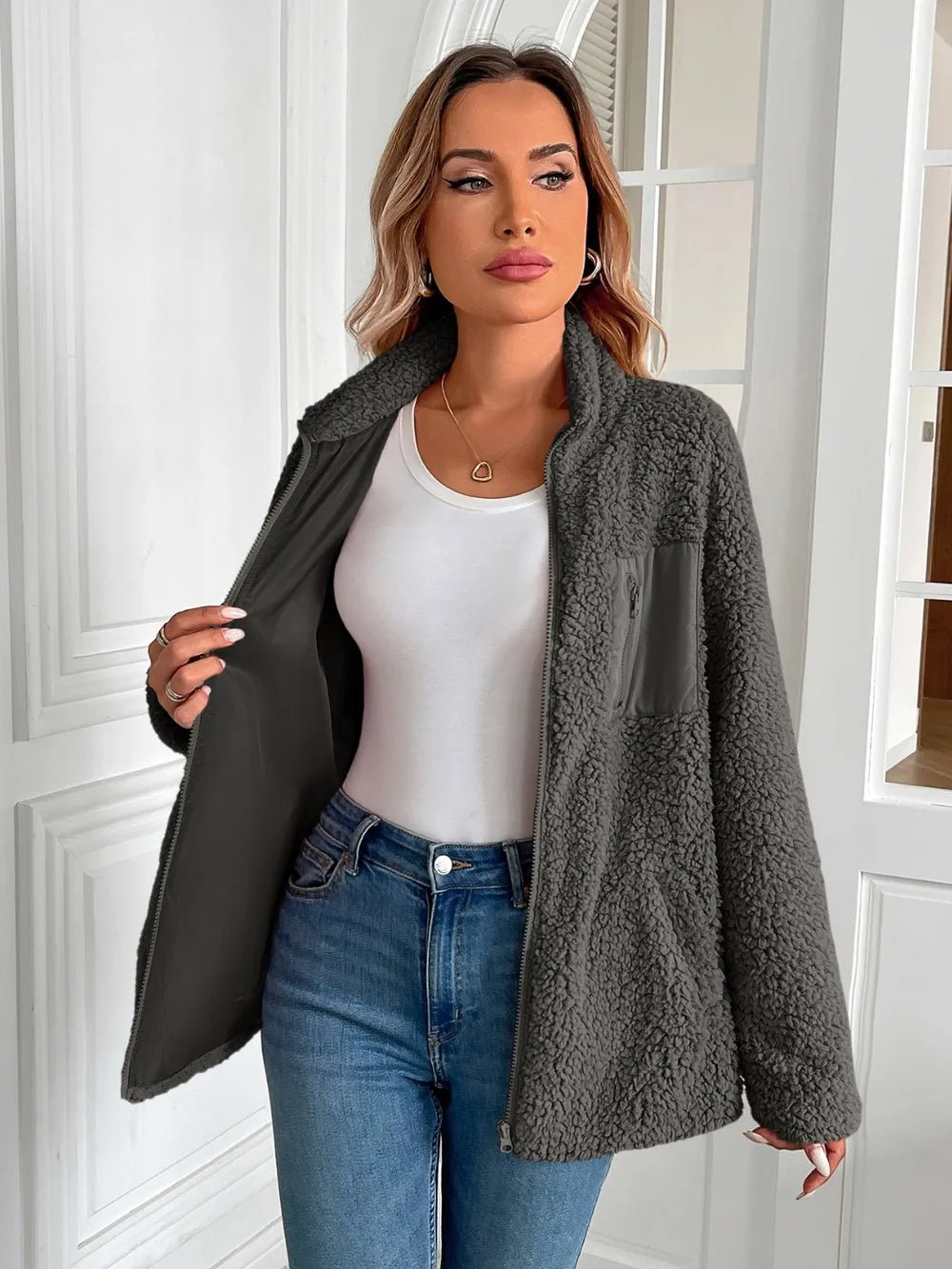 Ivy Lane Zip Up Long Sleeve Fuzzy Jacket - Chic Elegance