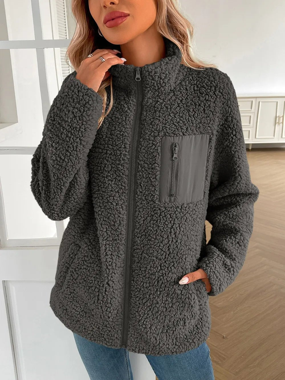 Ivy Lane Zip Up Long Sleeve Fuzzy Jacket - Chic Elegance