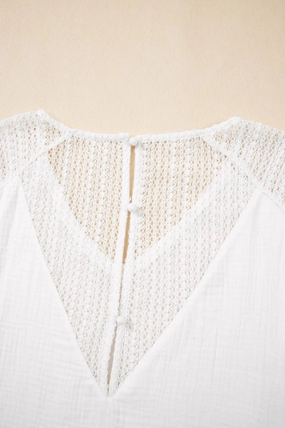 Lace Crochet Textured Button Back V Neck T Shirt - Chic Elegance